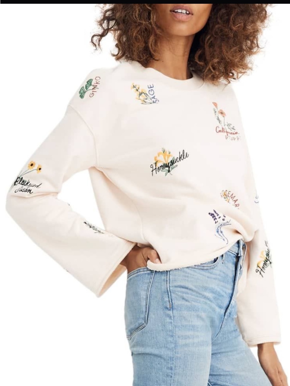 Madewell Cream Embroidered Botanical Floral Crewneck Sweatshirt